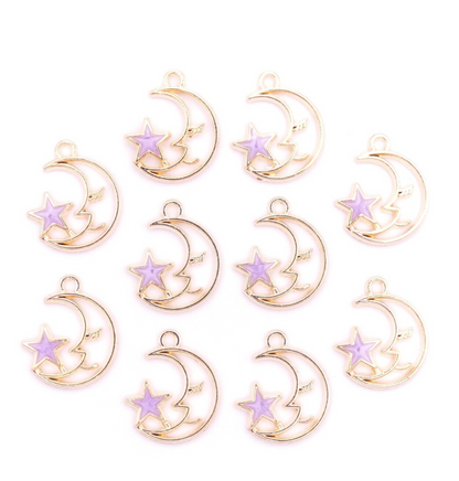 10 Gold-Tone Moon Charms with Enamel Star – Choice of 4 Colors