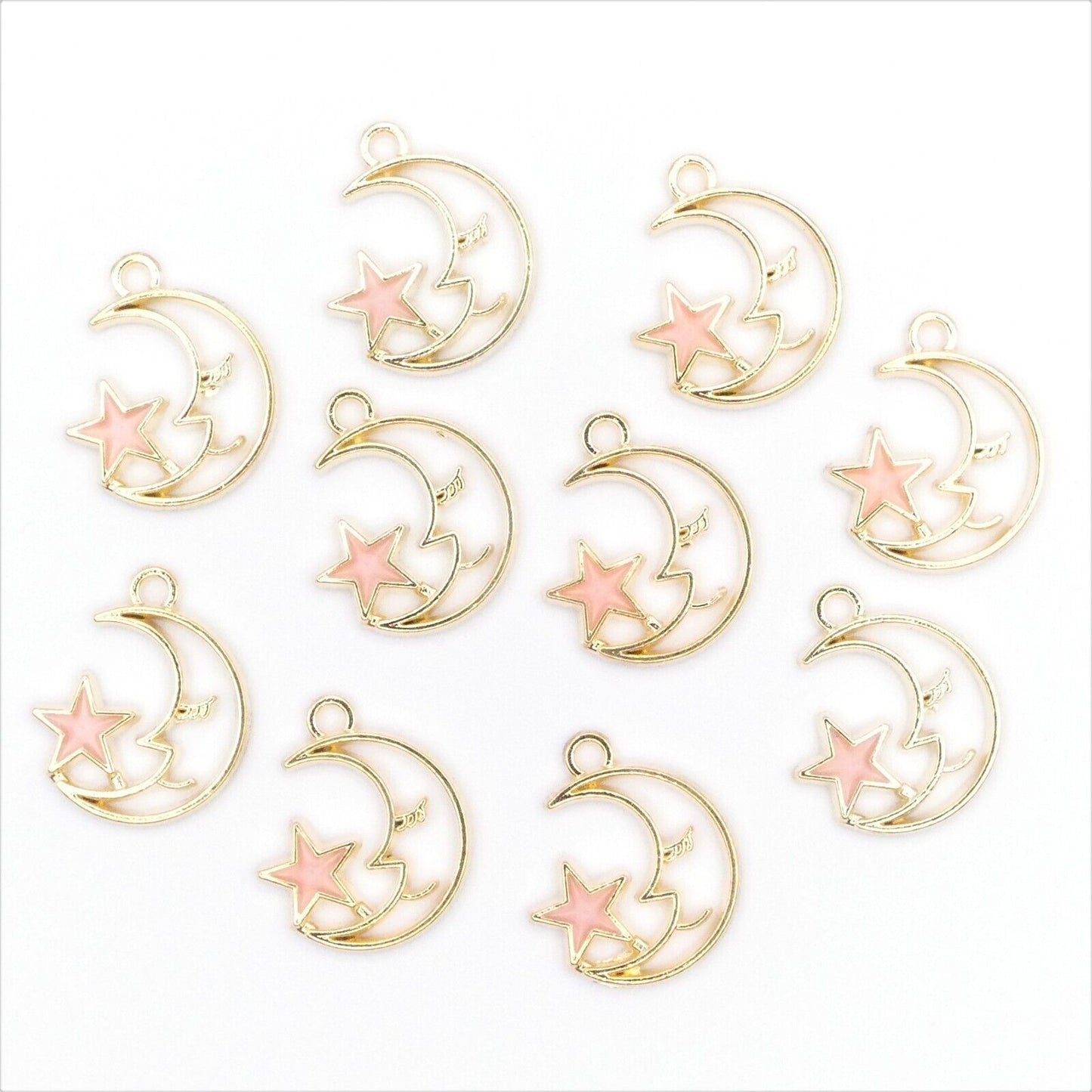 10 Gold-Tone Moon Charms with Enamel Star – Choice of 4 Colors