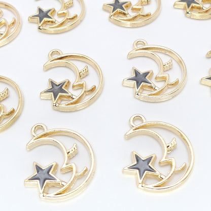 10 Gold-Tone Moon Charms with Enamel Star – Choice of 4 Colors