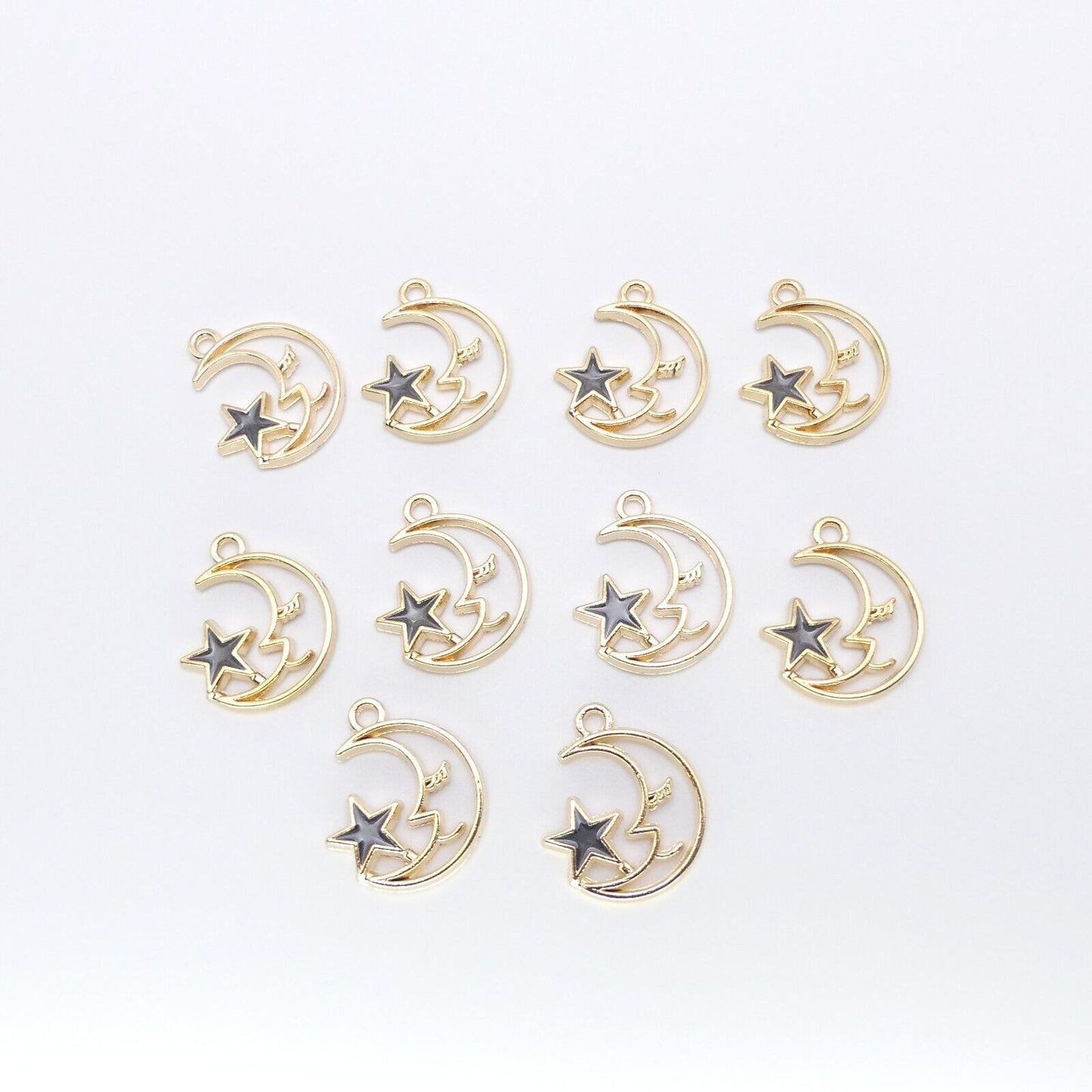 10 Gold-Tone Moon Charms with Enamel Star – Choice of 4 Colors