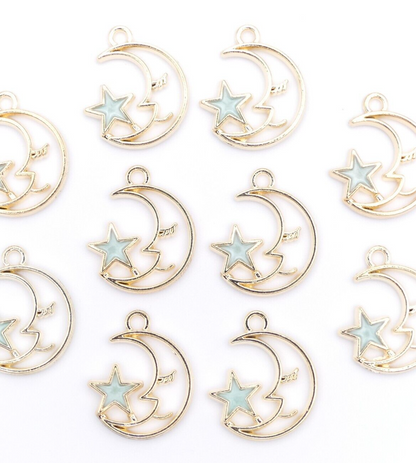 10 Gold-Tone Moon Charms with Enamel Star – Choice of 4 Colors