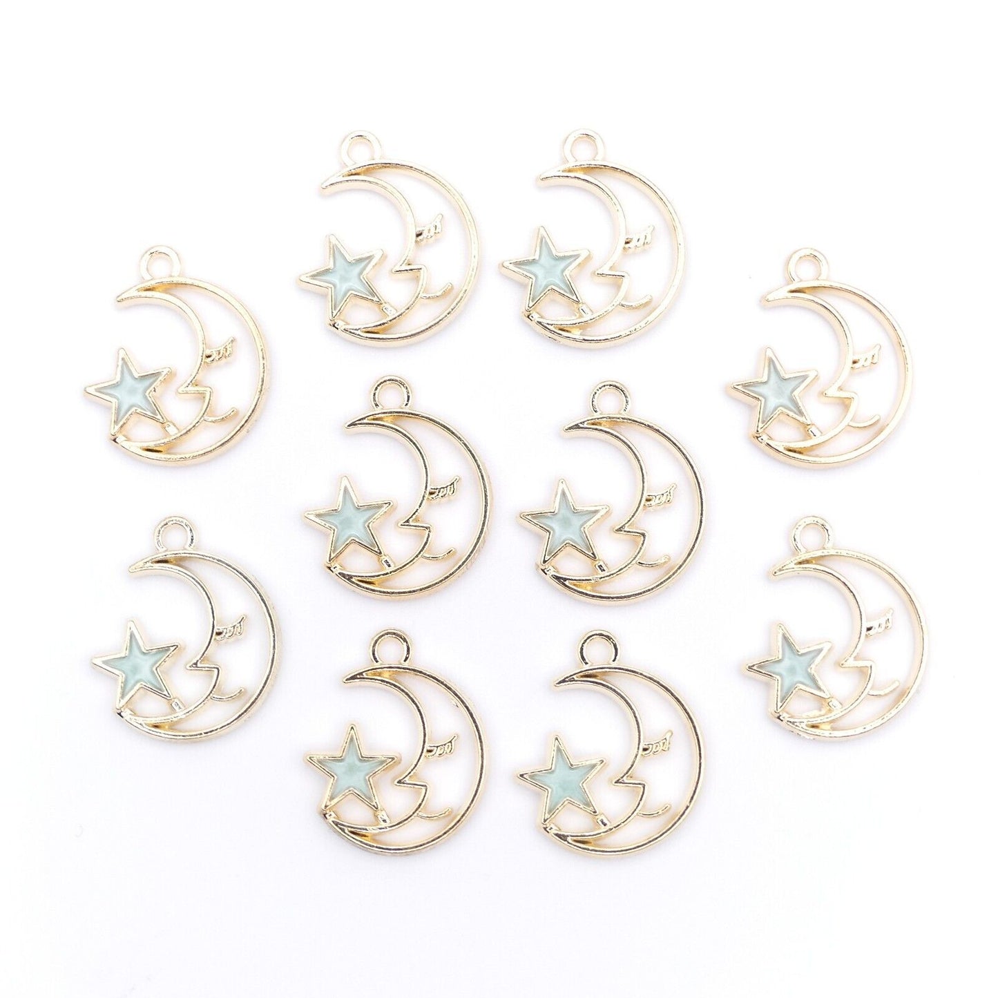 10 Gold-Tone Moon Charms with Enamel Star – Choice of 4 Colors