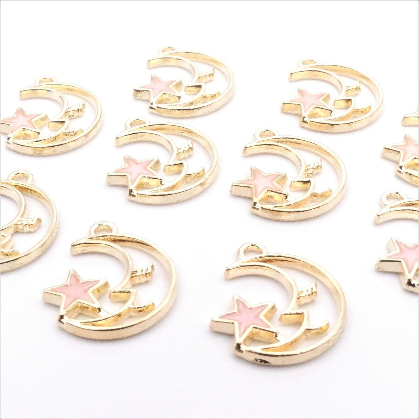 10 Gold-Tone Moon Charms with Enamel Star – Choice of 4 Colors