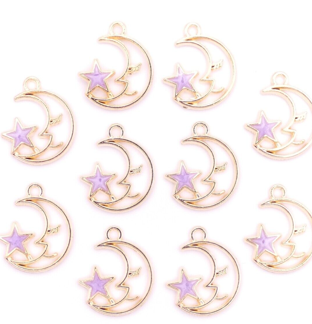 10 Gold-Tone Moon Charms with Enamel Star – Choice of 4 Colors