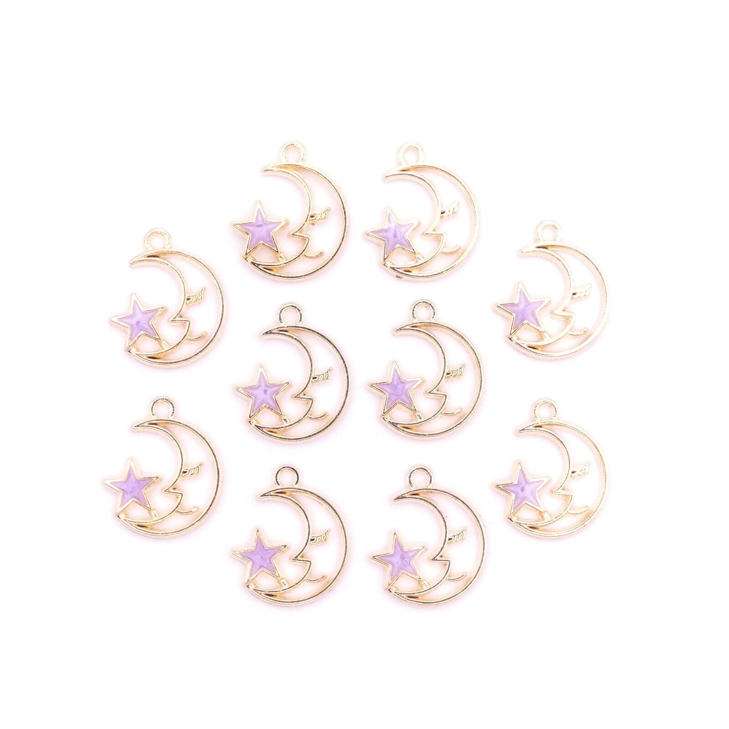 10 Gold-Tone Moon Charms with Enamel Star – Choice of 4 Colors