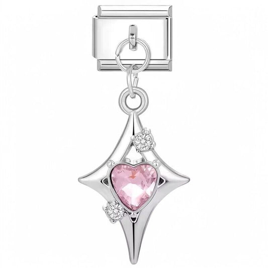 Silver star dangle charm with pink heart stone center and clear crystal accents