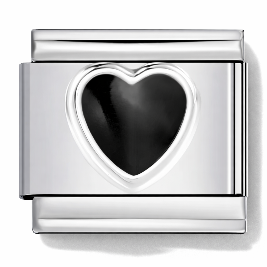 Silver Italian charm with a black enamel heart in the centre.