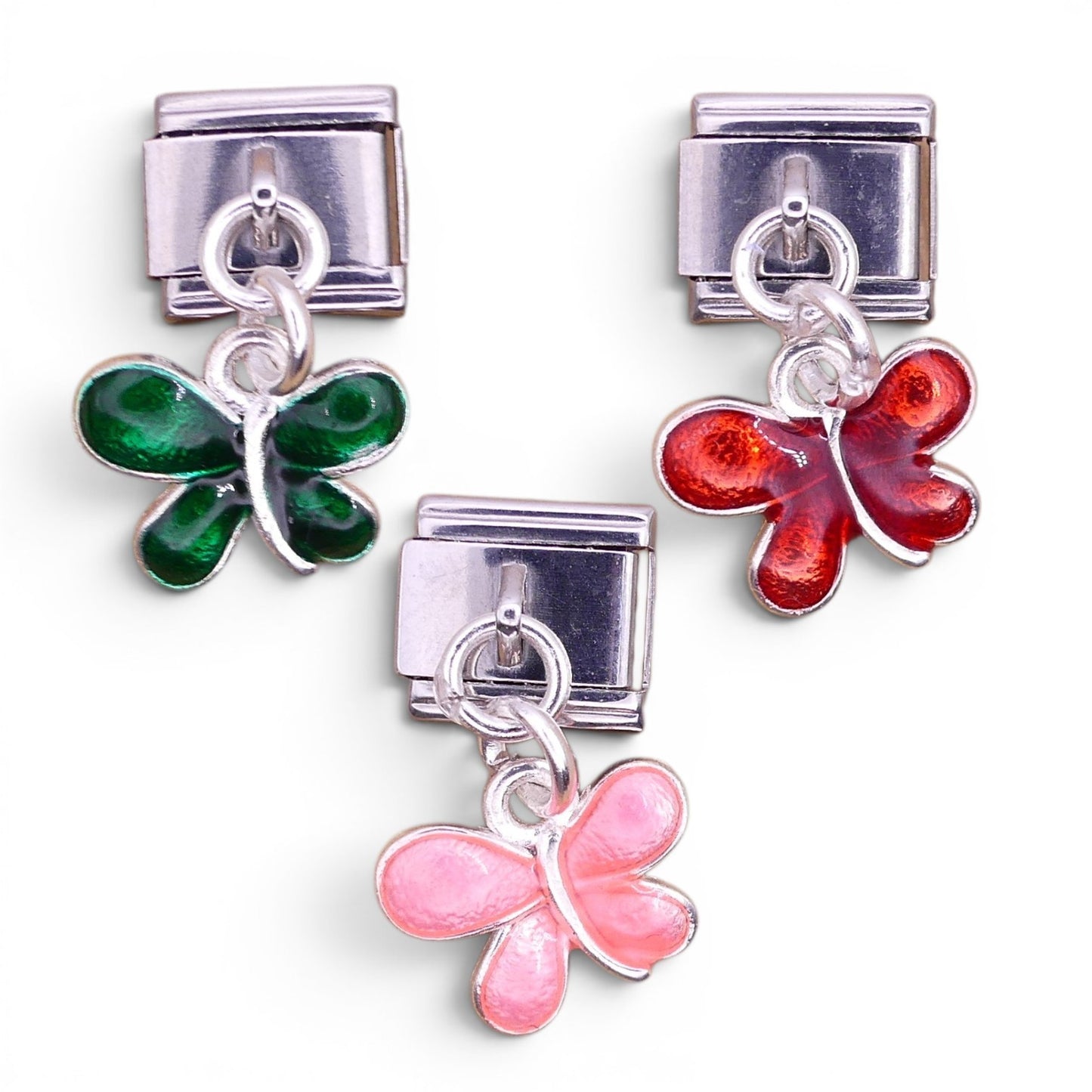 Butterfly Dangle Italian Charm | Pink, Red & Green Enamel | 9mm Stainless Steel