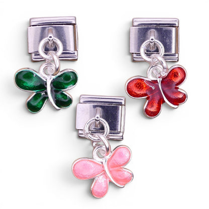 Butterfly Dangle Italian Charm | Pink, Red & Green Enamel | 9mm Stainless Steel