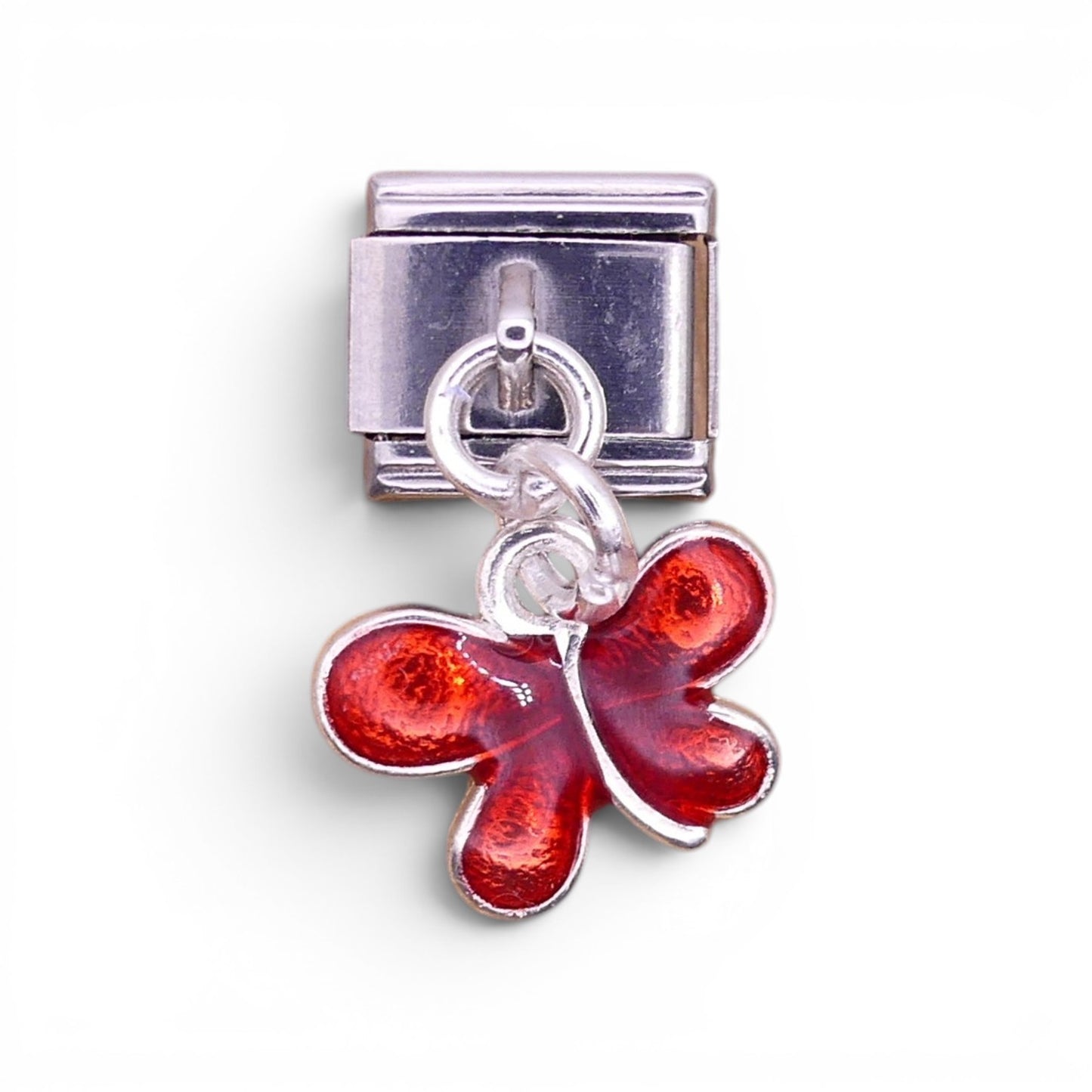 Butterfly Dangle Italian Charm | Pink, Red & Green Enamel | 9mm Stainless Steel