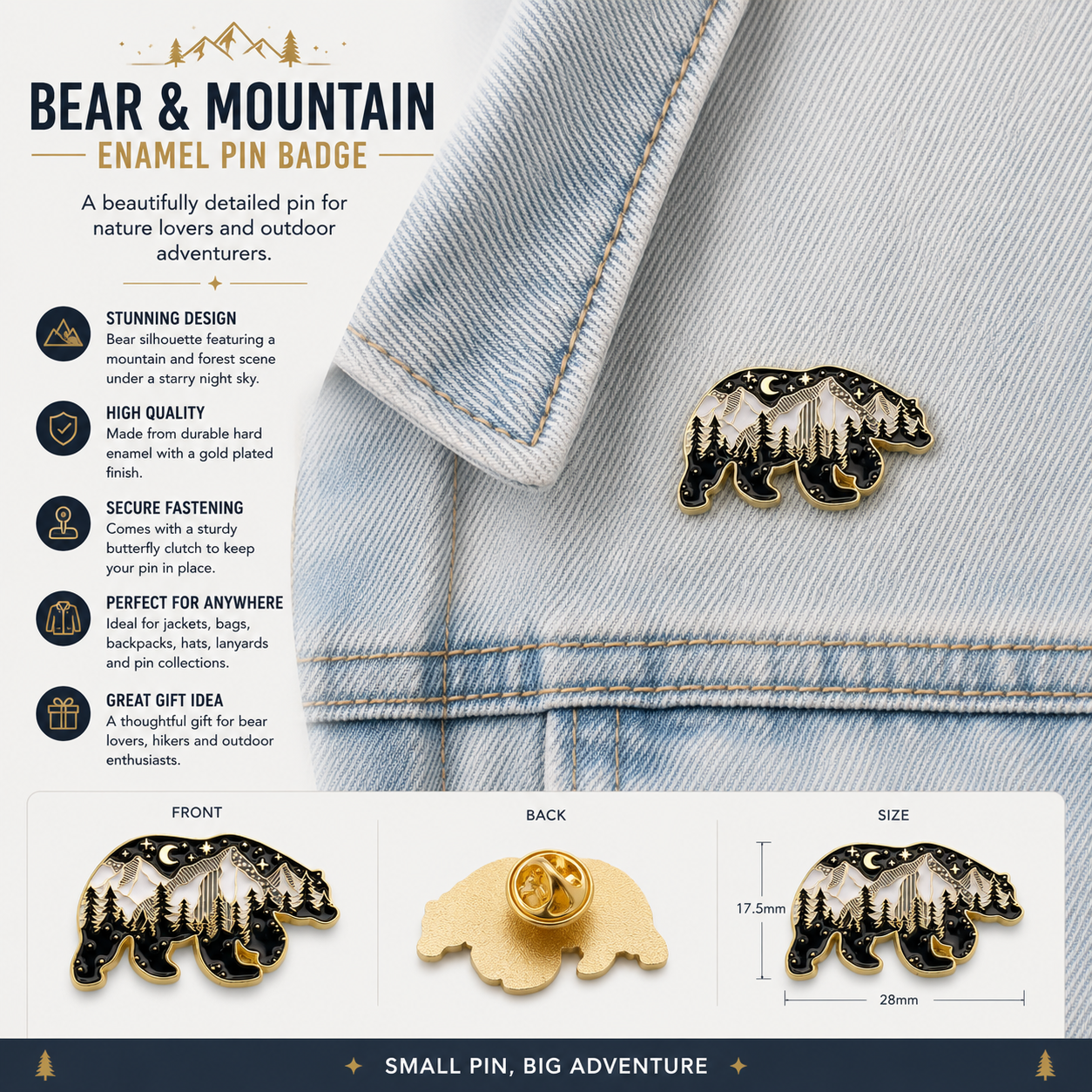 Small black-and-gold bear enamel pin with forest trees and a moon backdrop