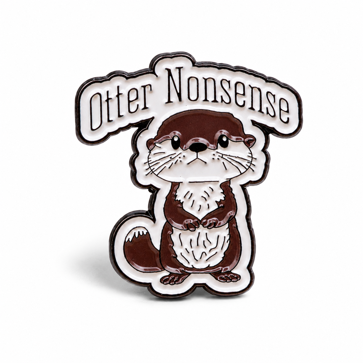 Otter enamel pin badge with cartoon otter face, brown and white, black outline