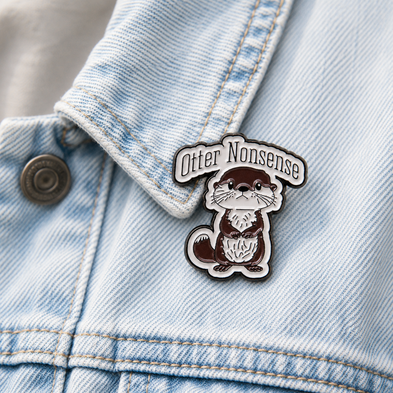 Otter enamel pin badge on light blue denim jacket, brown-and-white otter face