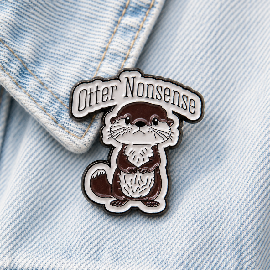 Otter enamel pin badge close-up on light blue denim, brown-and-white otter face