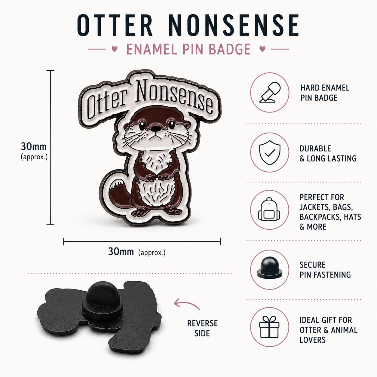 Otter enamel pin badge, approx 30mm, cartoon otter design on hard enamel
