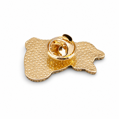 Gold metal enamel pin back with butterfly clutch and cat silhouette outline.