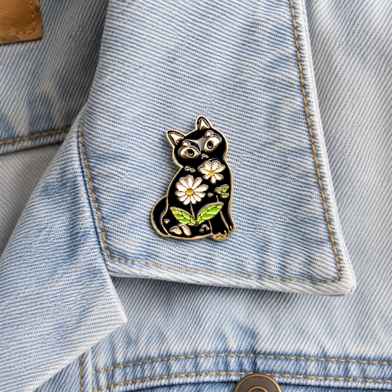 Black cat daisy enamel pin on light-blue denim jacket pocket.