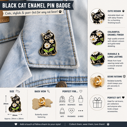 Black cat daisy enamel pin displayed on a light-blue denim jacket pocket.