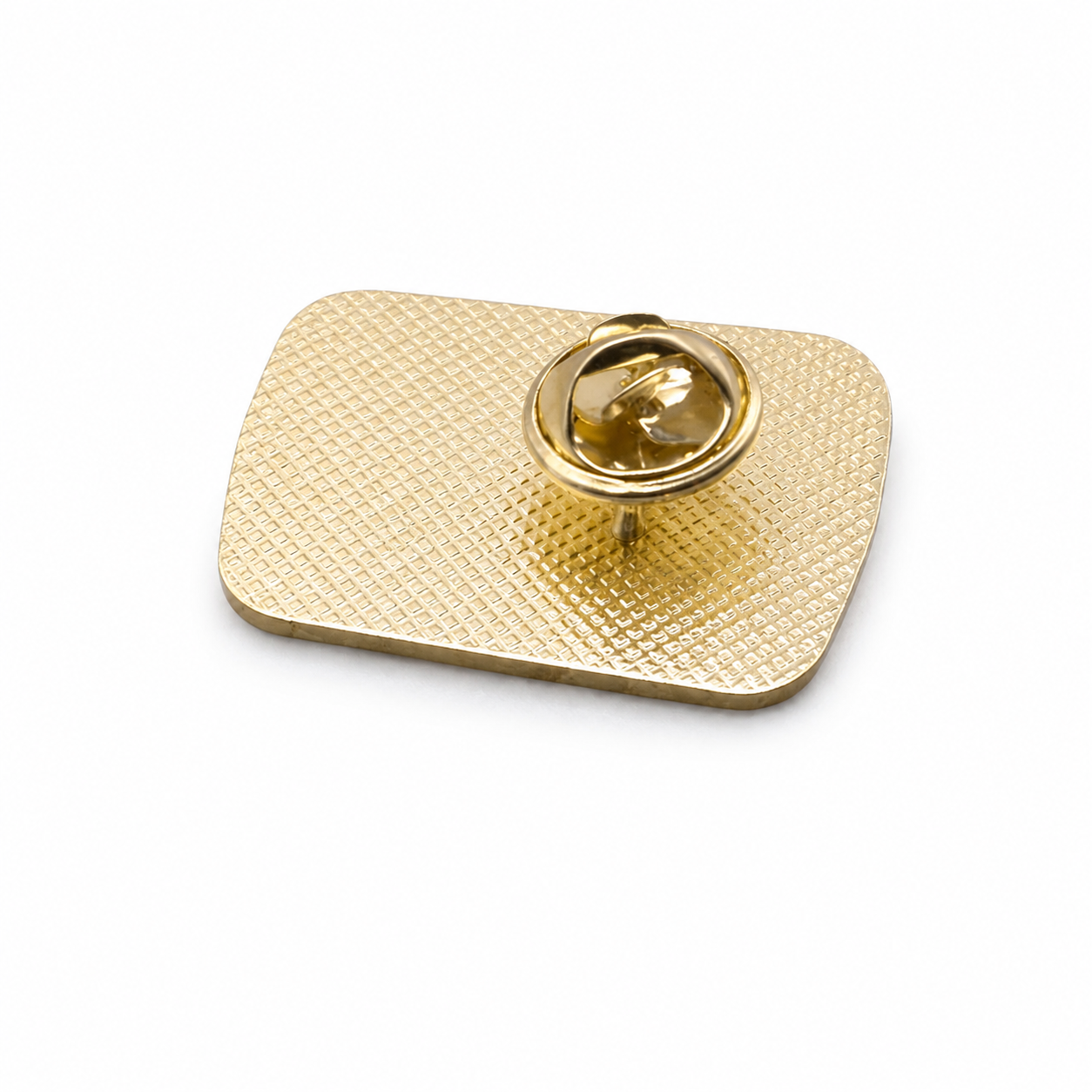 Gold back enamel pin badge with round clasp on textured metal base