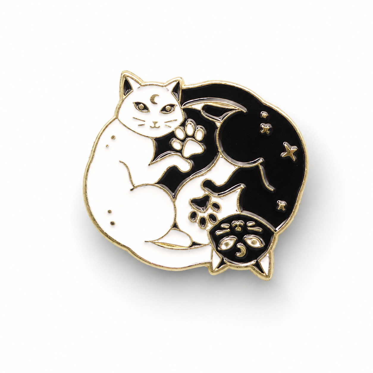Black and white yin-yang cat enamel pin badge with curled tail and paw details