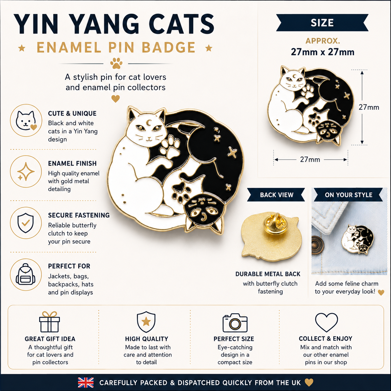 Yin-yang cat enamel pin badge shown with gold-tone metal butterfly back