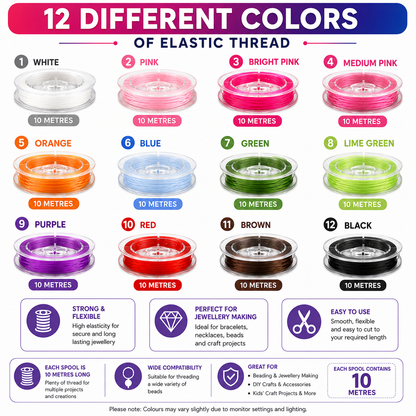 Assorted spools of elastic stretchy beading cord, 12 colors, 10 m each