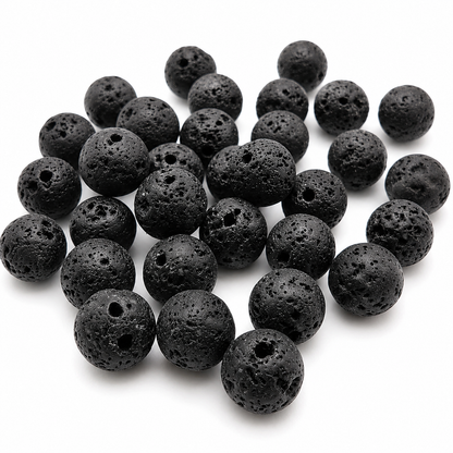 Black round lava stone beads, textured surface, assorted loose beads with center holes