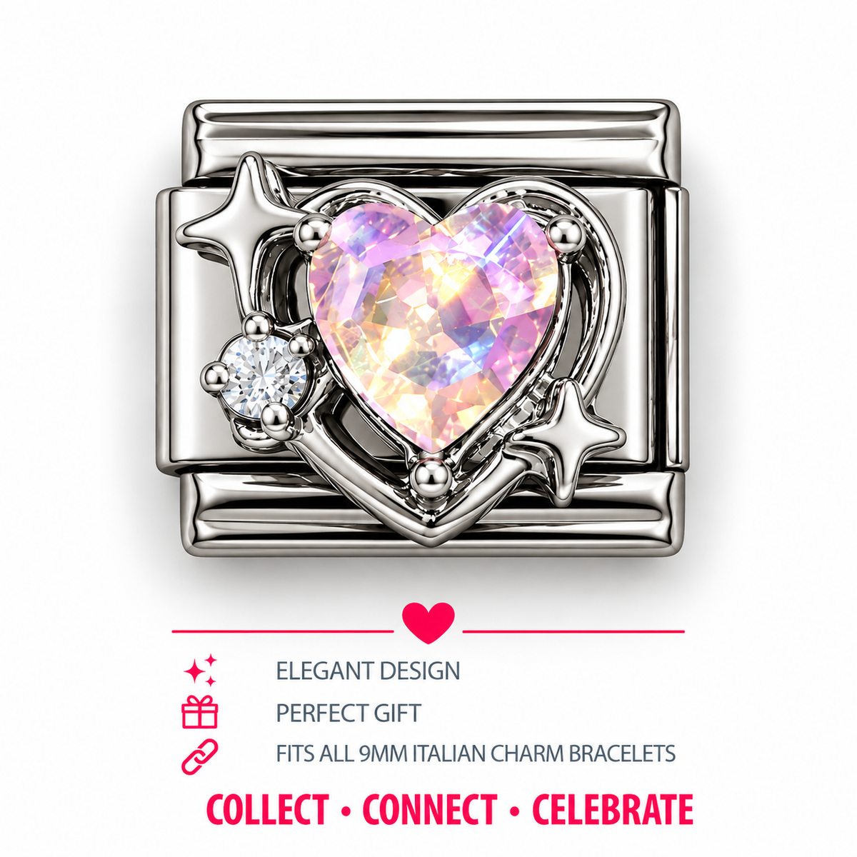 Silver Italian charm link with iridescent heart, star accents, small clear stones