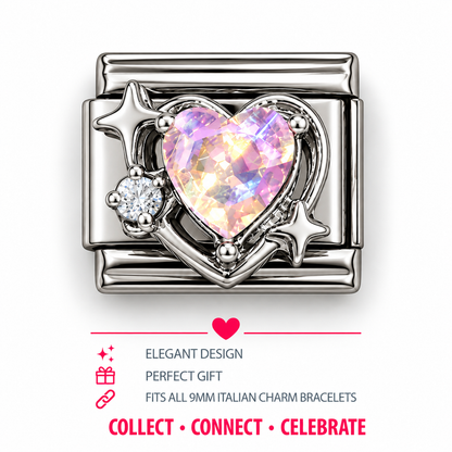 Silver Italian charm link with iridescent heart, star accents, small clear stones