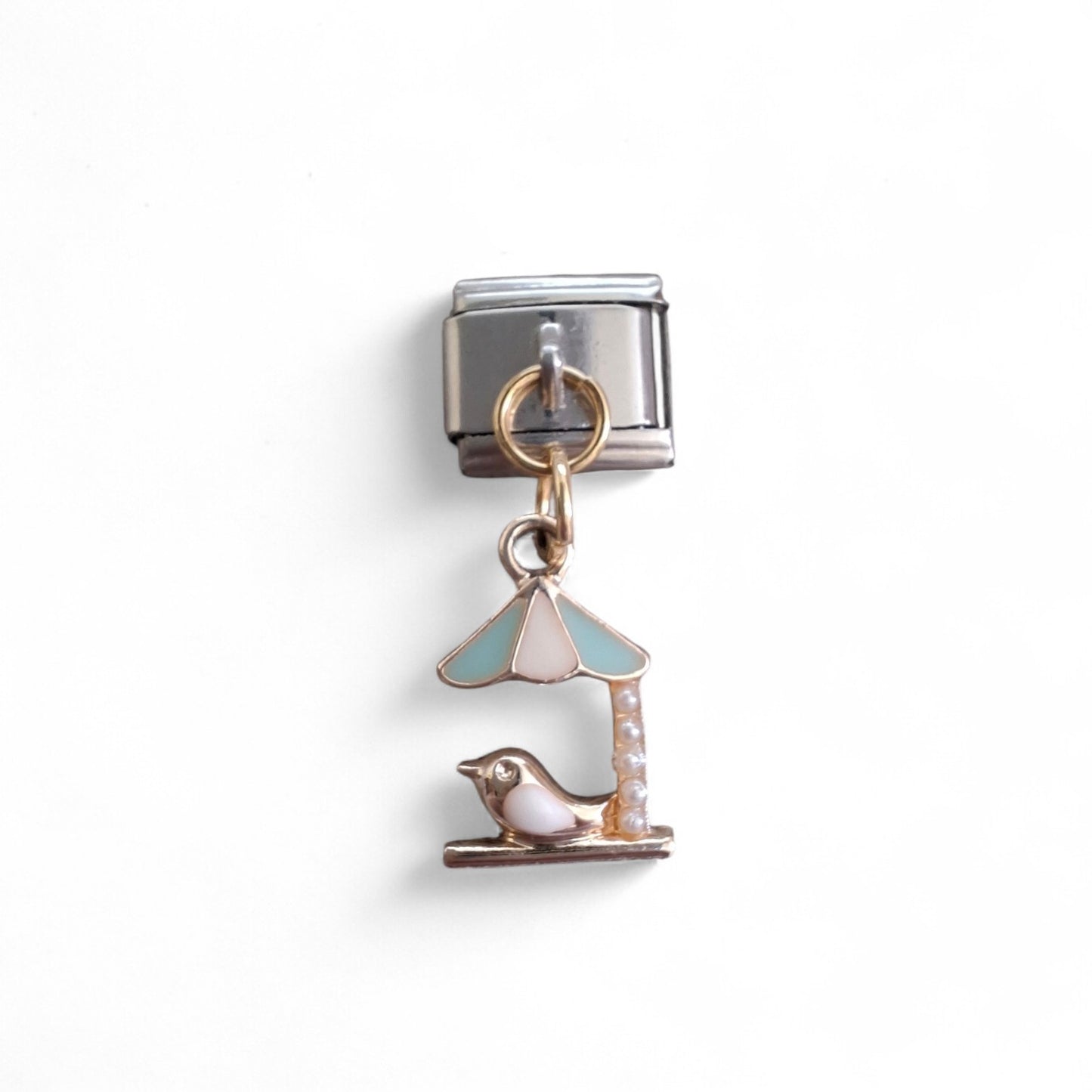  gold bird and blue umbrella Italian dangle charm