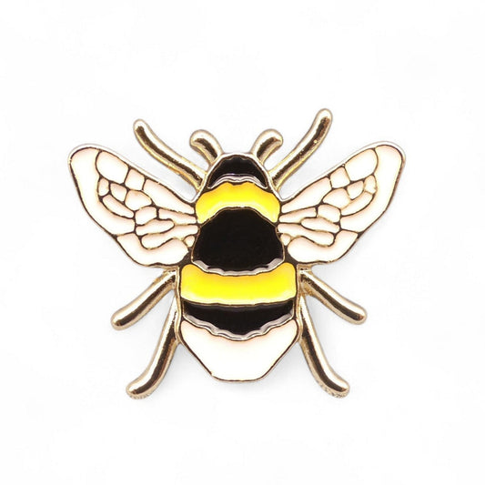 Bee-shaped enamel pin badge  with yellow and black colours 