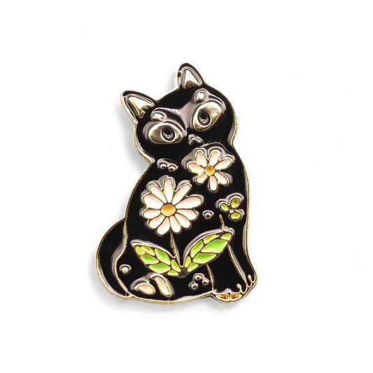 Cat-shaped enamel pin badge with flowers 