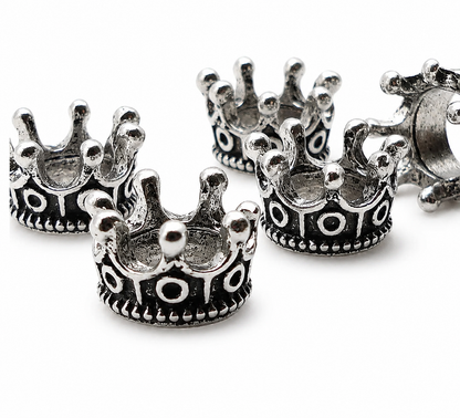Set of antique silver crown spacer beads with round bead tops and etched detailing