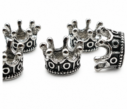 Crown spacer beads in antique silver tone, multiple views with hole at each crown base