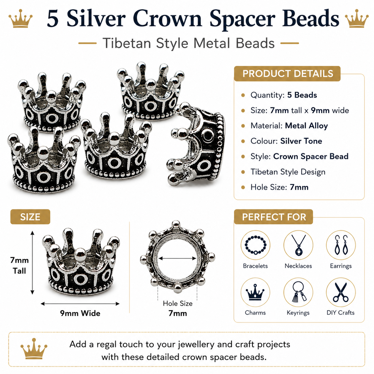 Crown spacer beads in antique silver tone, five-piece set with Tibetan style cutouts