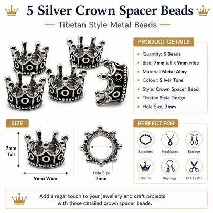 Crown spacer beads in antique silver tone, five-piece set with Tibetan style cutouts