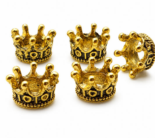 Gold tone crown spacer bead with raised points and dark enamel pattern, large hole