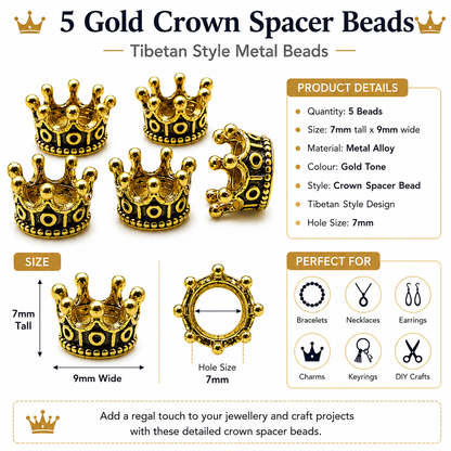 Gold crown spacer beads with dark inlay; one bead shows a large center hole