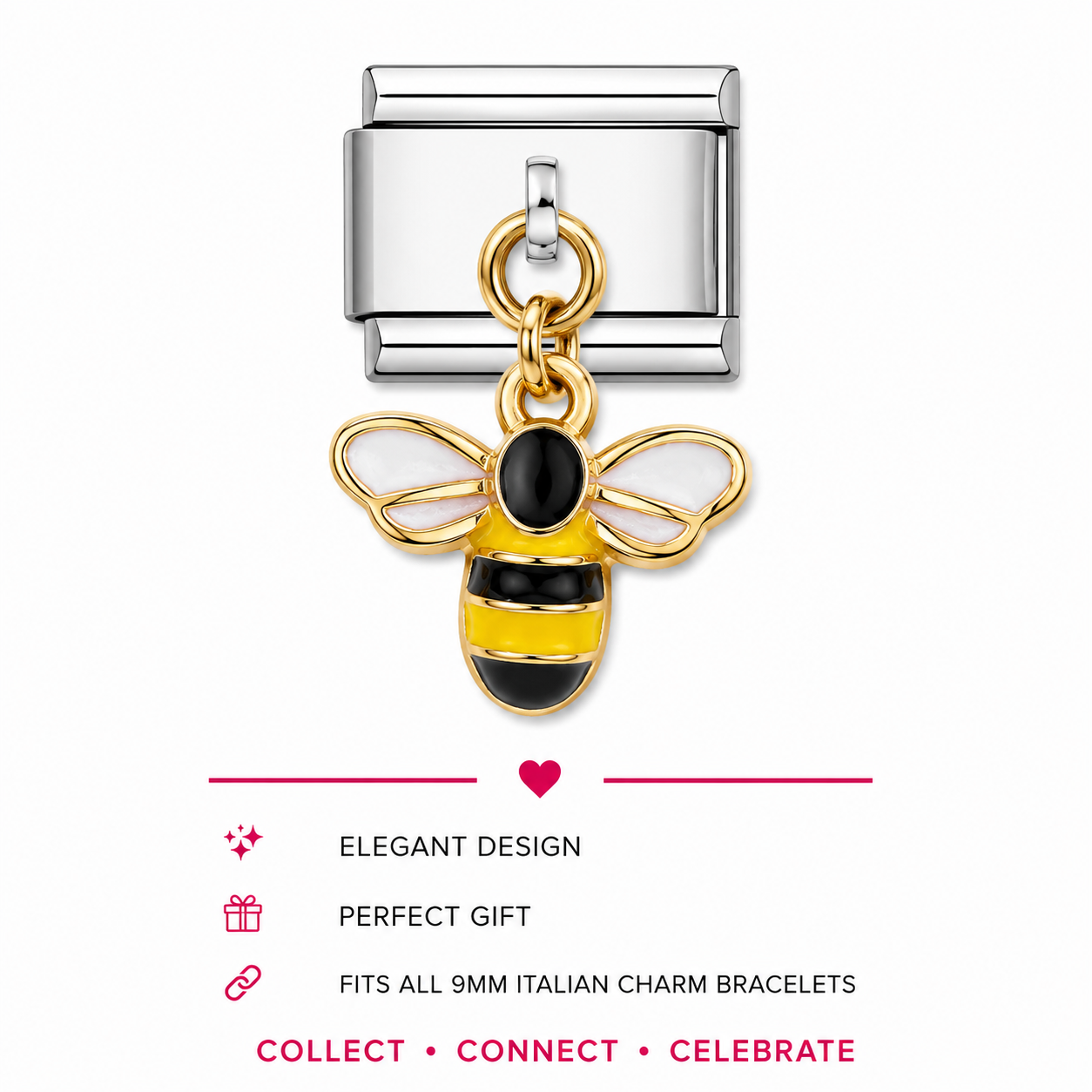 Gold-tone bee charm with black enamel center, hanging loop and wings