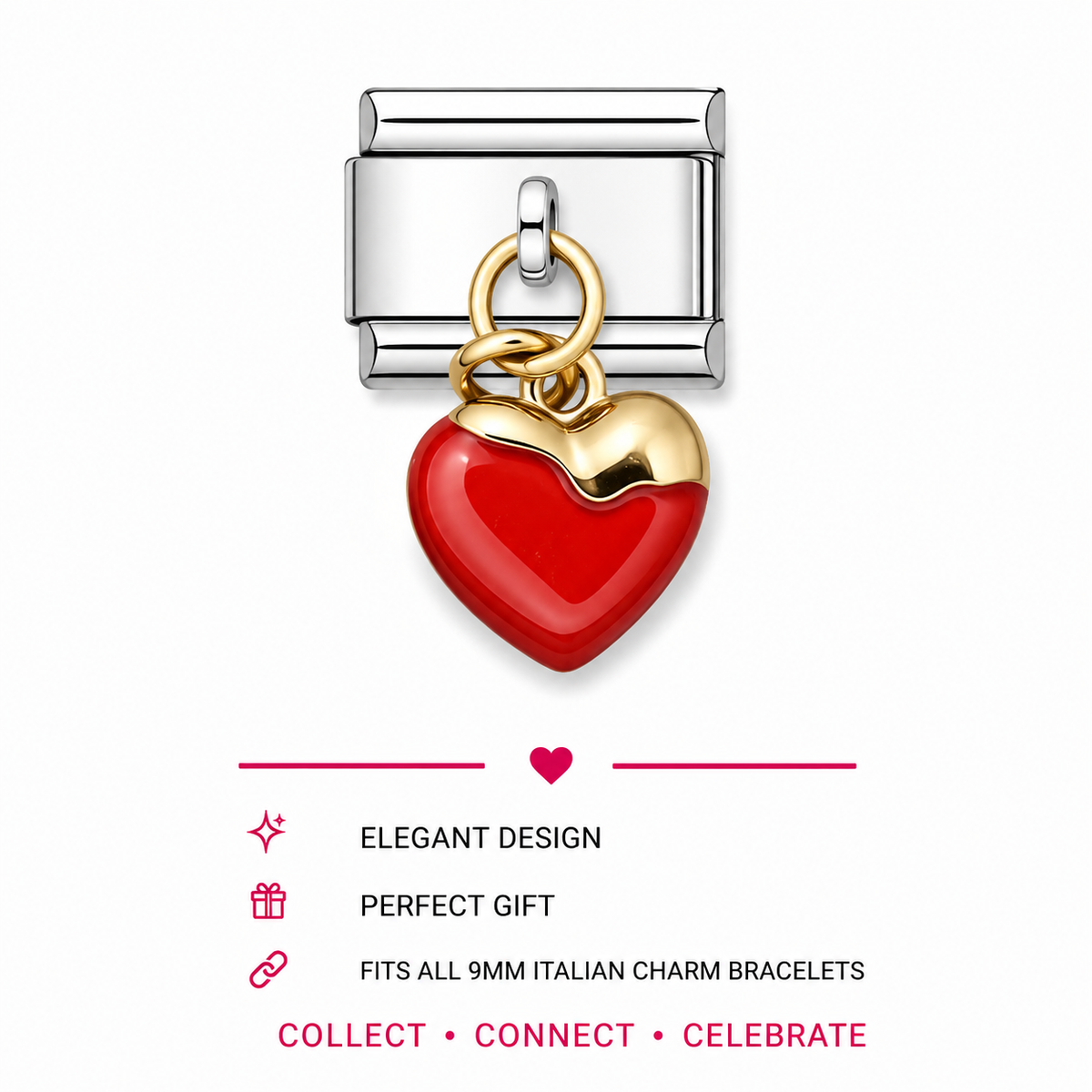 Red heart dangle charm with gold loop and silver clasp for Italian bracelets