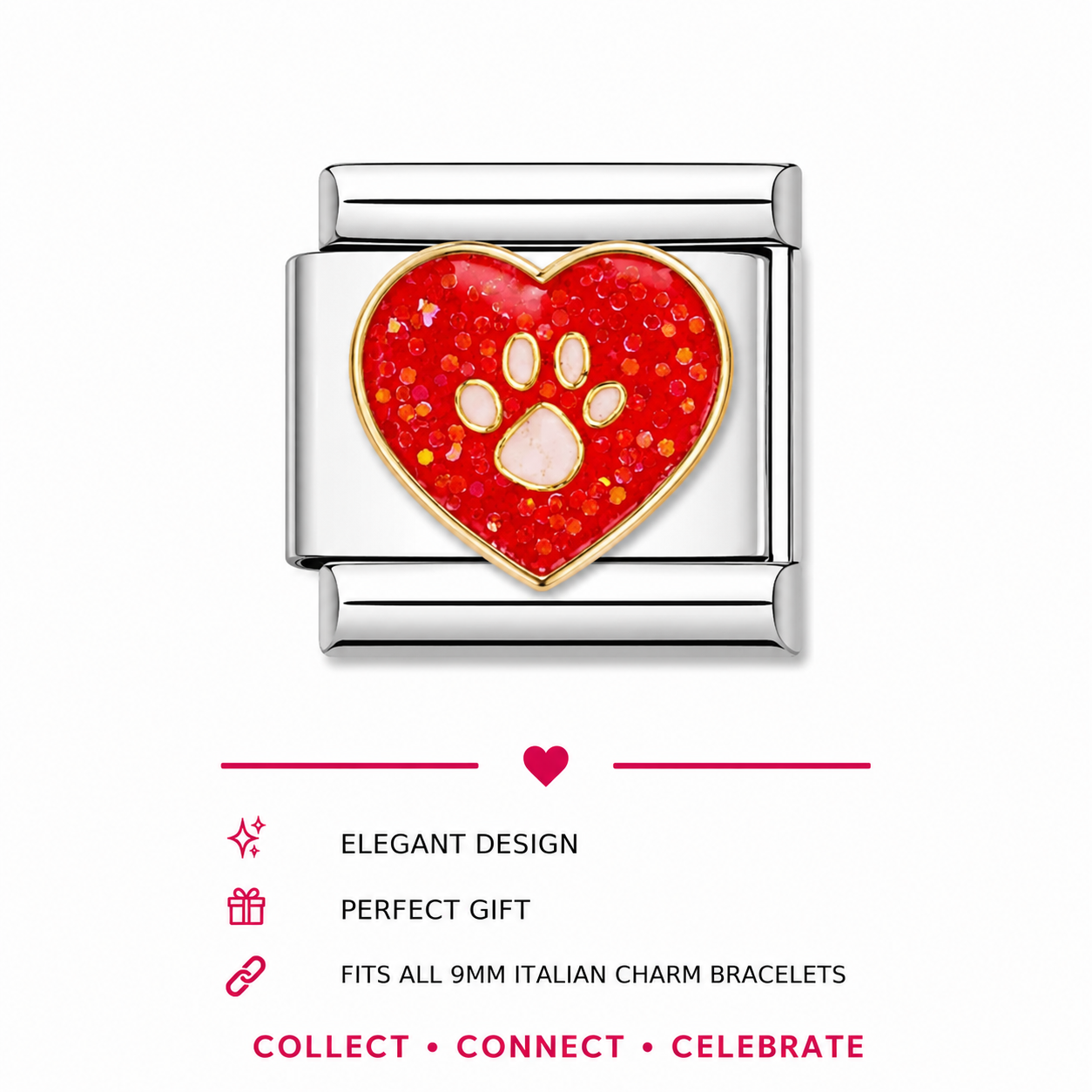 Red Heart Paw Print Italian Charm | 9mm | Stainless Steel | Fits All Italian Bracelets