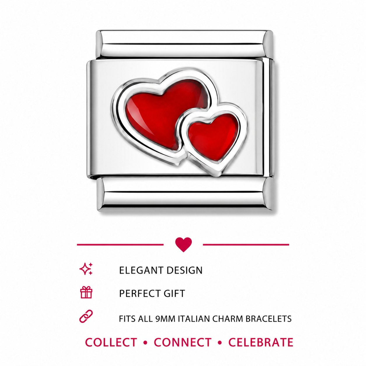 Red Double Heart Italian Charm | 9mm | Stainless Steel | Fits All Italian Bracelets