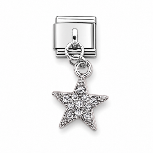 Clear star crystal dangle Italian charm with silver links