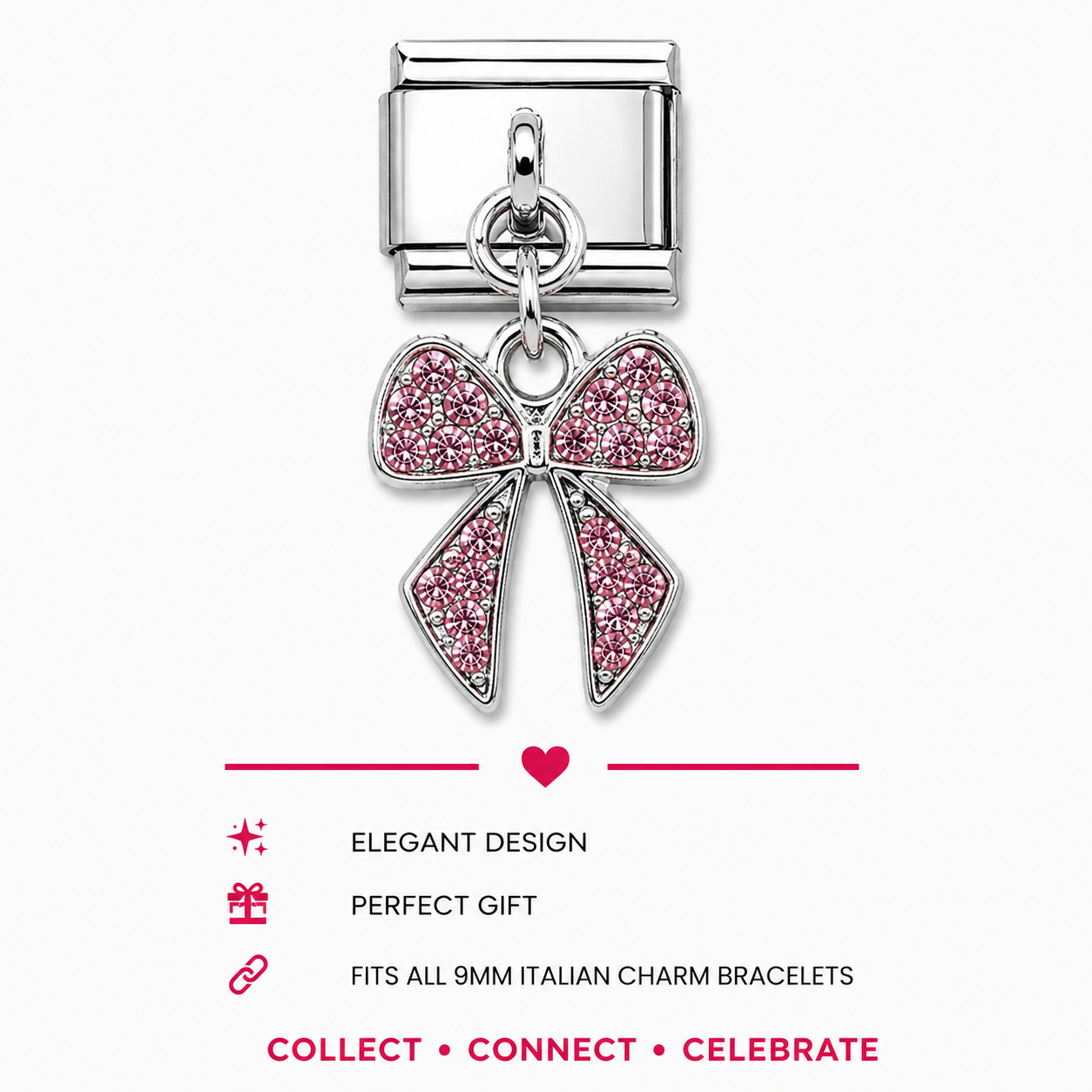 Pink Bow Crystal Dangle Italian Charm | 9mm | Fits All Italian Bracelets