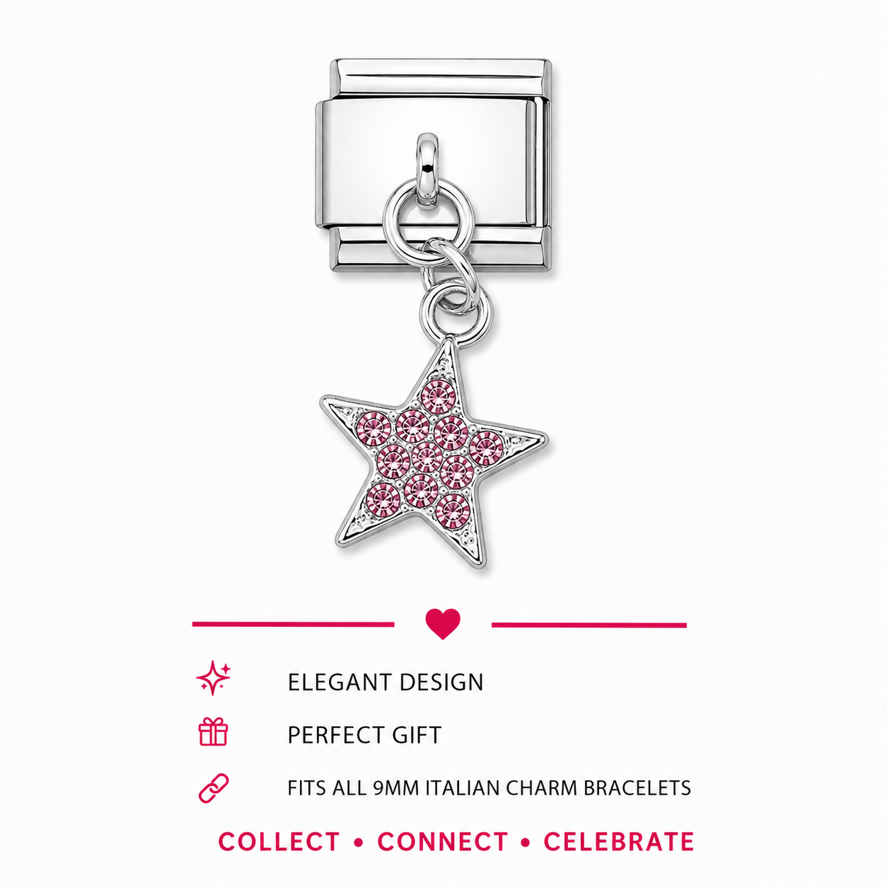 Pink Star Crystal Dangle Italian Charm | 9mm | Fits All Italian Bracelets
