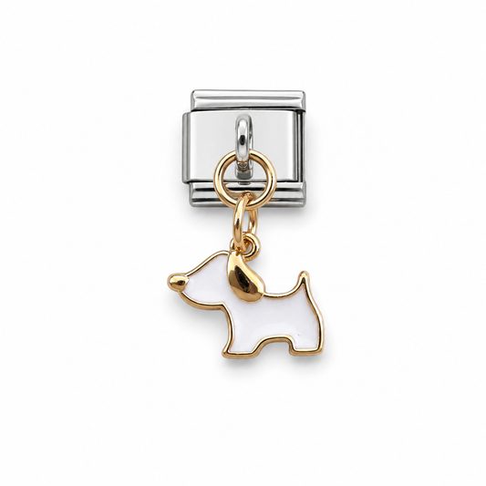 White dog dangle charm with gold ring links and metal clasp, centered front