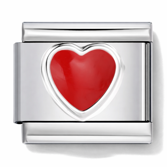 Red heart enamel charm with polished silver double-link bezel, 9mm