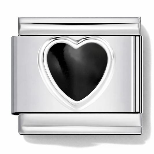 Black enamel heart Italian charm with silver-tone heart frame, for 9mm bracelets