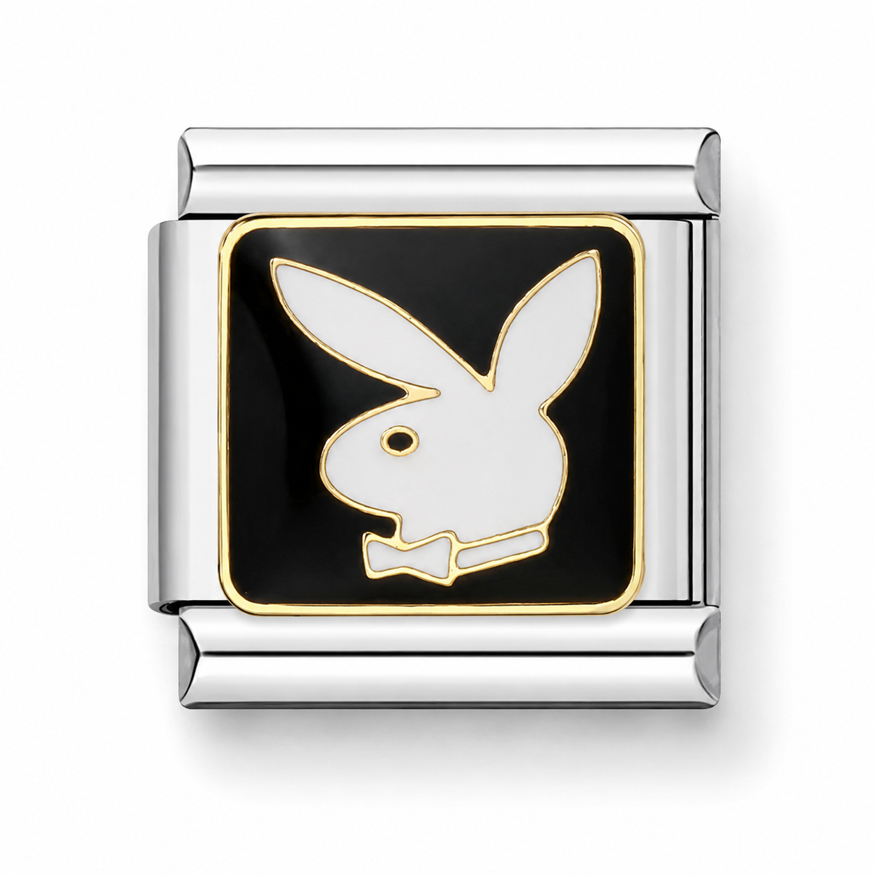 A rectangular silver-tone charm link featuring the iconic Playboy bunny logo in white enamel with gold outlines on a black background.