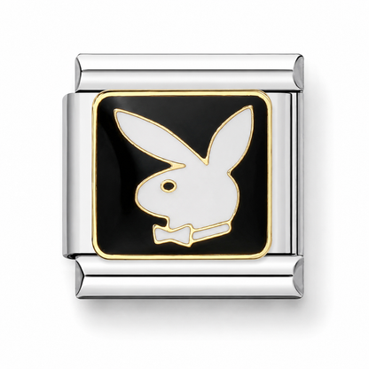 A rectangular silver-tone charm link featuring the iconic Playboy bunny logo in white enamel with gold outlines on a black background.
